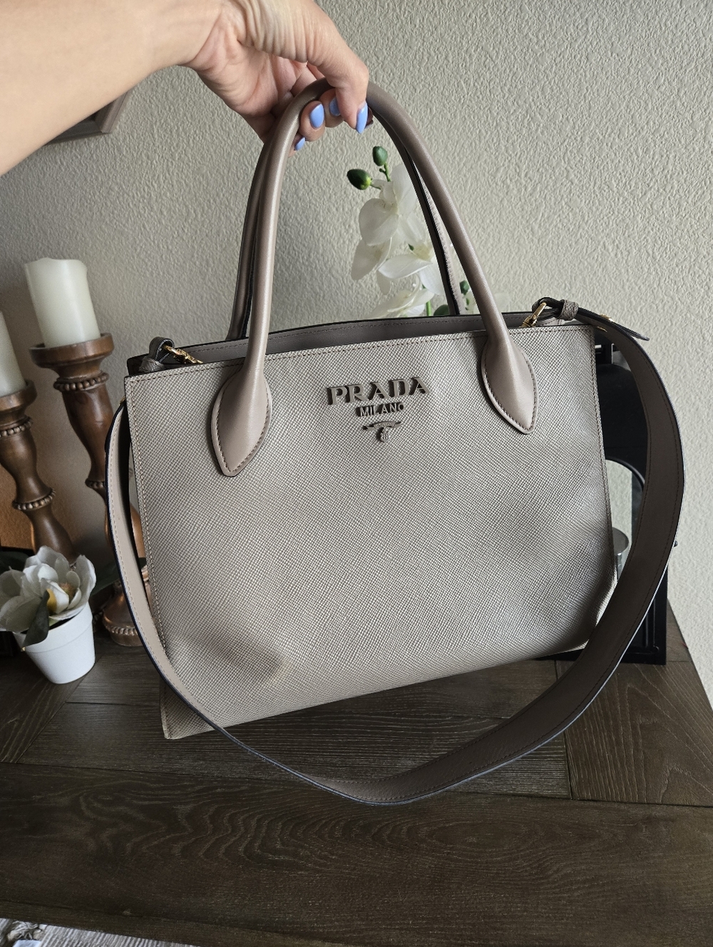Authentic Prada Milano Taupe Leather Tote Bag